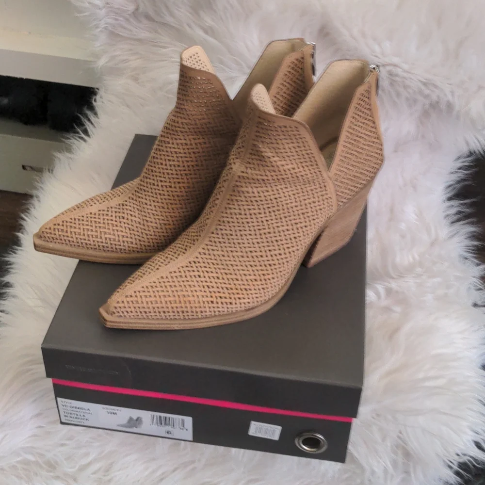 Vince Camuto Gibbela Woven Leather Booties in Tortilla Taupe